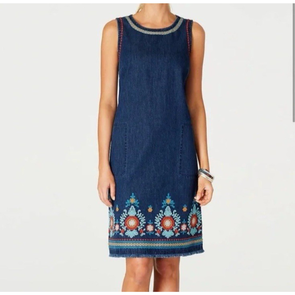 J. Jill Dark Denim Sleeveless Embroidered Hem Shift Dress